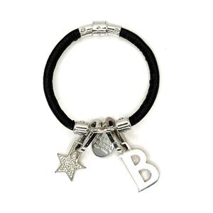 Henri‎ Bendel Influencer Black Leather Charm Bracelet with Pave Star & B Charm